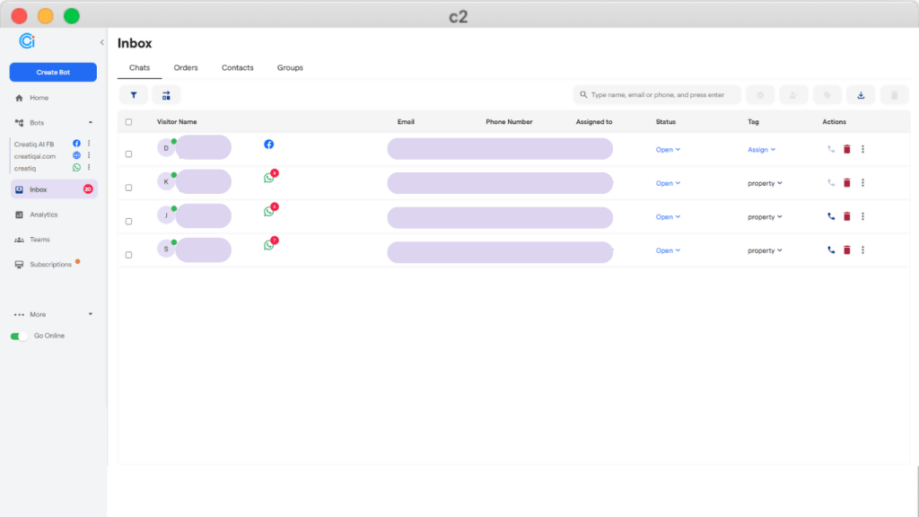 Screenshot of the Creatiq AI dashboard showing the inbox tab with visitor information including names, emails, phone numbers, and status.